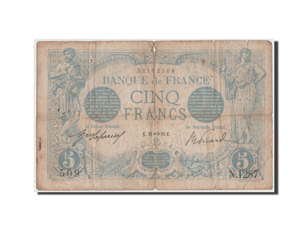 France, 5 Francs, 5 F 1912-1917 ''Bleu'', 1912, KM #70, VG(8-10), N.1287,...