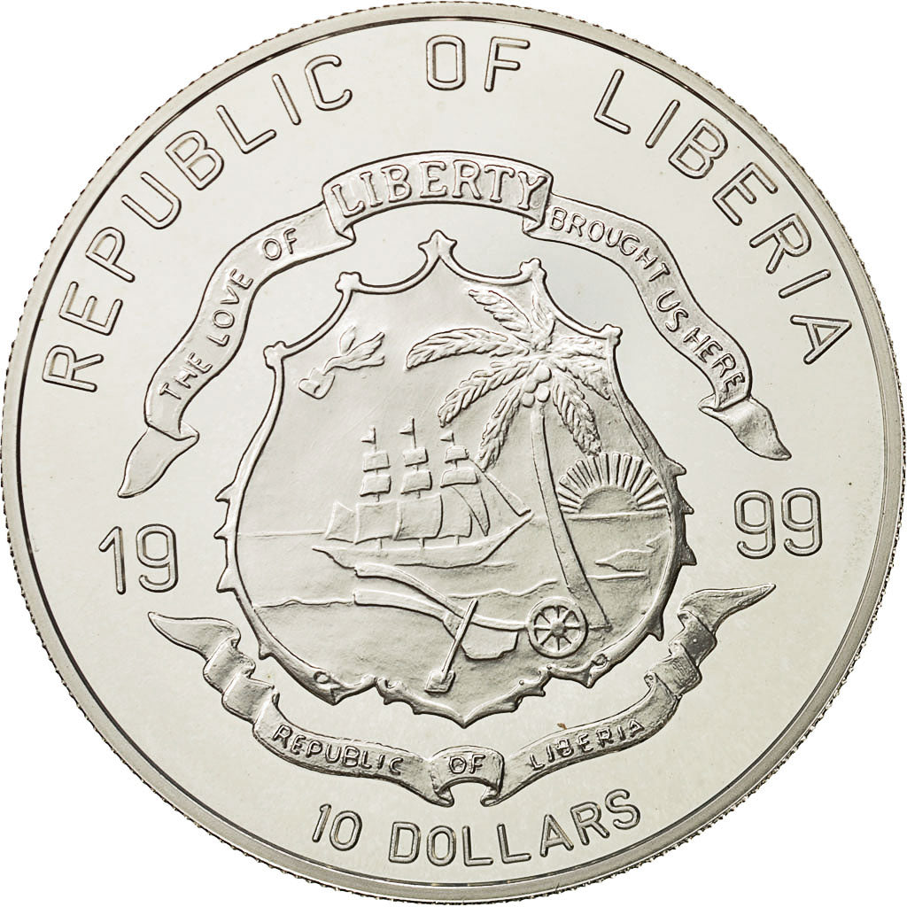 Munten, Liberia, 10 Dollars, 1999, UNC-, Zilver, KM:468