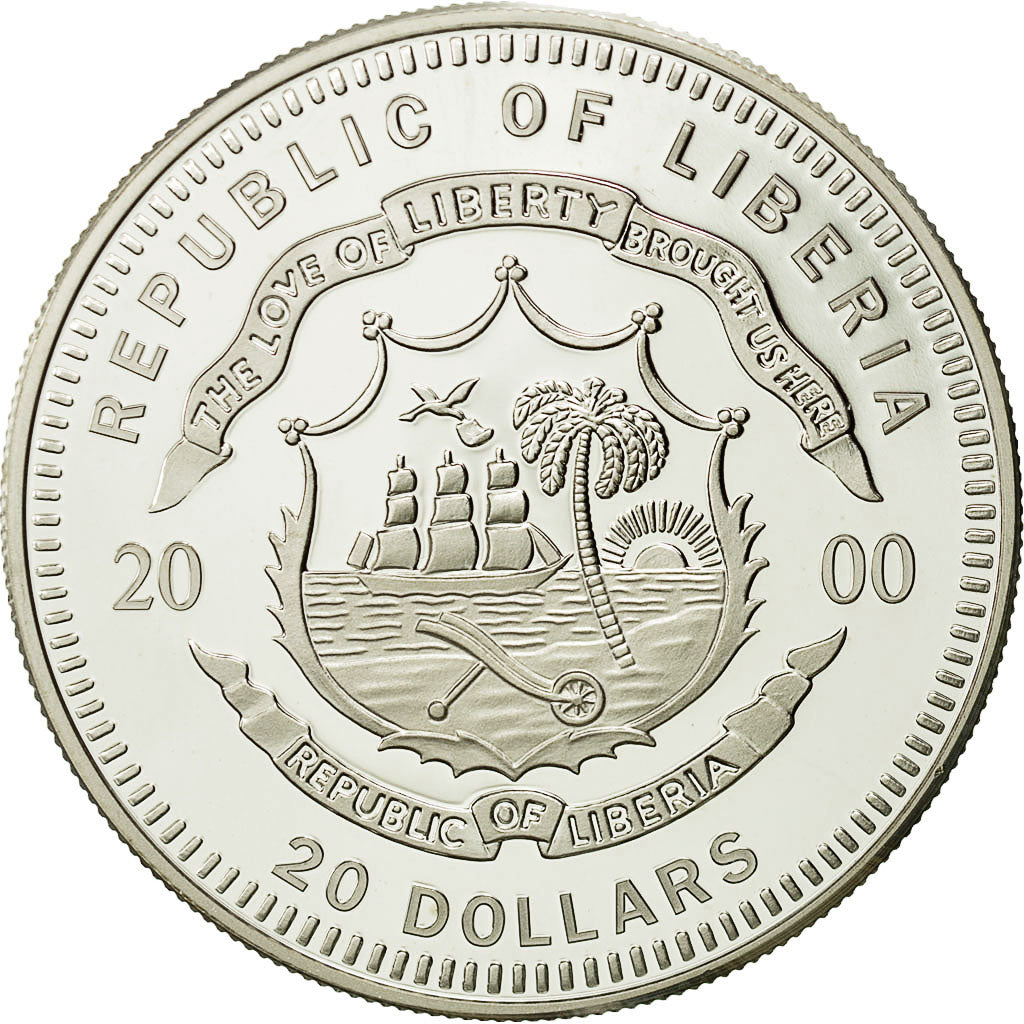 Munten, Liberia, 20 Dollars, 2000, FDC, Zilver
