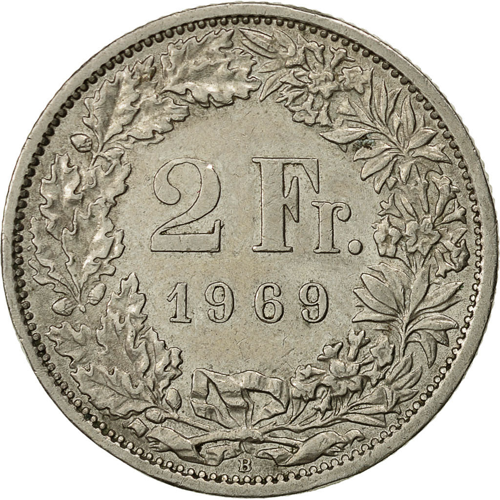 Svizzera, 2 Francs, 1969, Bern, BB+, Rame-nichel, KM:21a.1