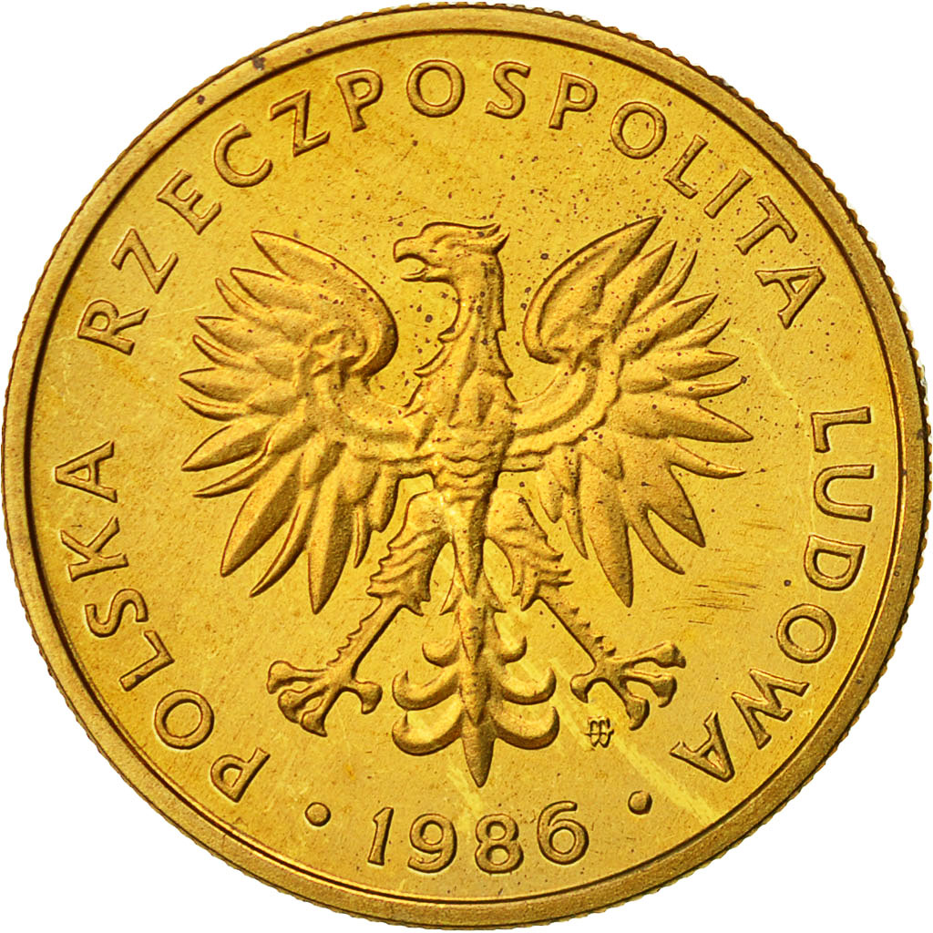 Poland, 5 Zlotych, 1986, Warsaw, MS(60-62), Brass, KM:81.2