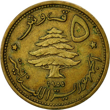 Líbano, 5 Piastres, 1955, MBC, Aluminio - bronce, KM:21