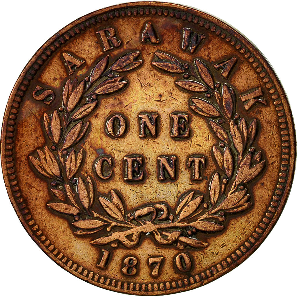 Sarawak, Charles J. Brooke, Cent, 1870, Heaton, MB+, Rame, KM:6