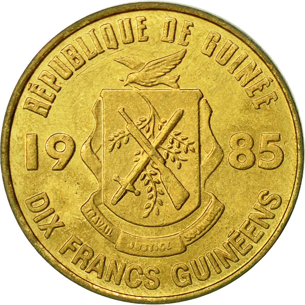 Guinea, 10 Francs, 1985, SPL-, Acciaio ricoperto in ottone, KM:52