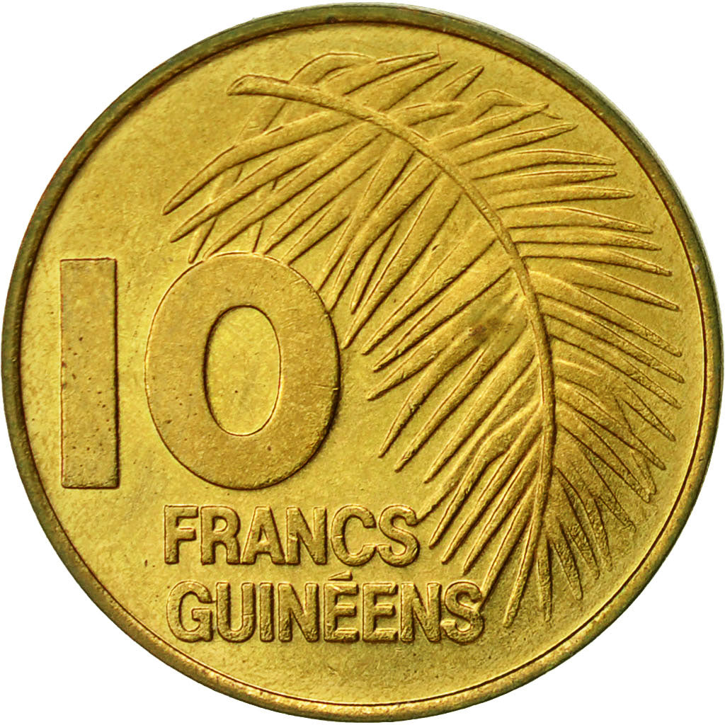 Guinea, 10 Francs, 1985, SPL-, Acciaio ricoperto in ottone, KM:52