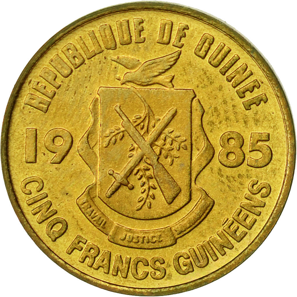 Guinea, 5 Francs, 1985, BB+, Acciaio ricoperto in ottone, KM:53