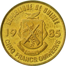 Guinea, 5 Francs, 1985, BB+, Acciaio ricoperto in ottone, KM:53