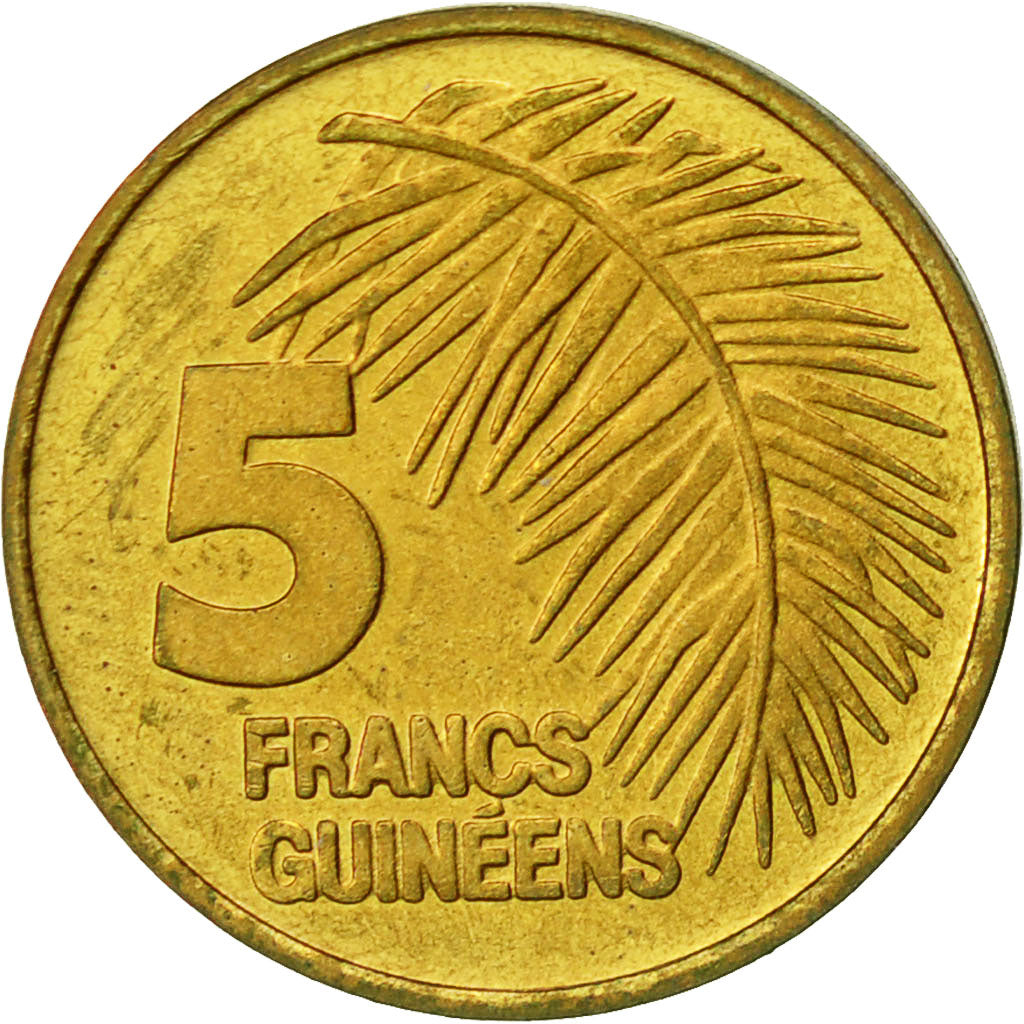 Guinea, 5 Francs, 1985, BB+, Acciaio ricoperto in ottone, KM:53