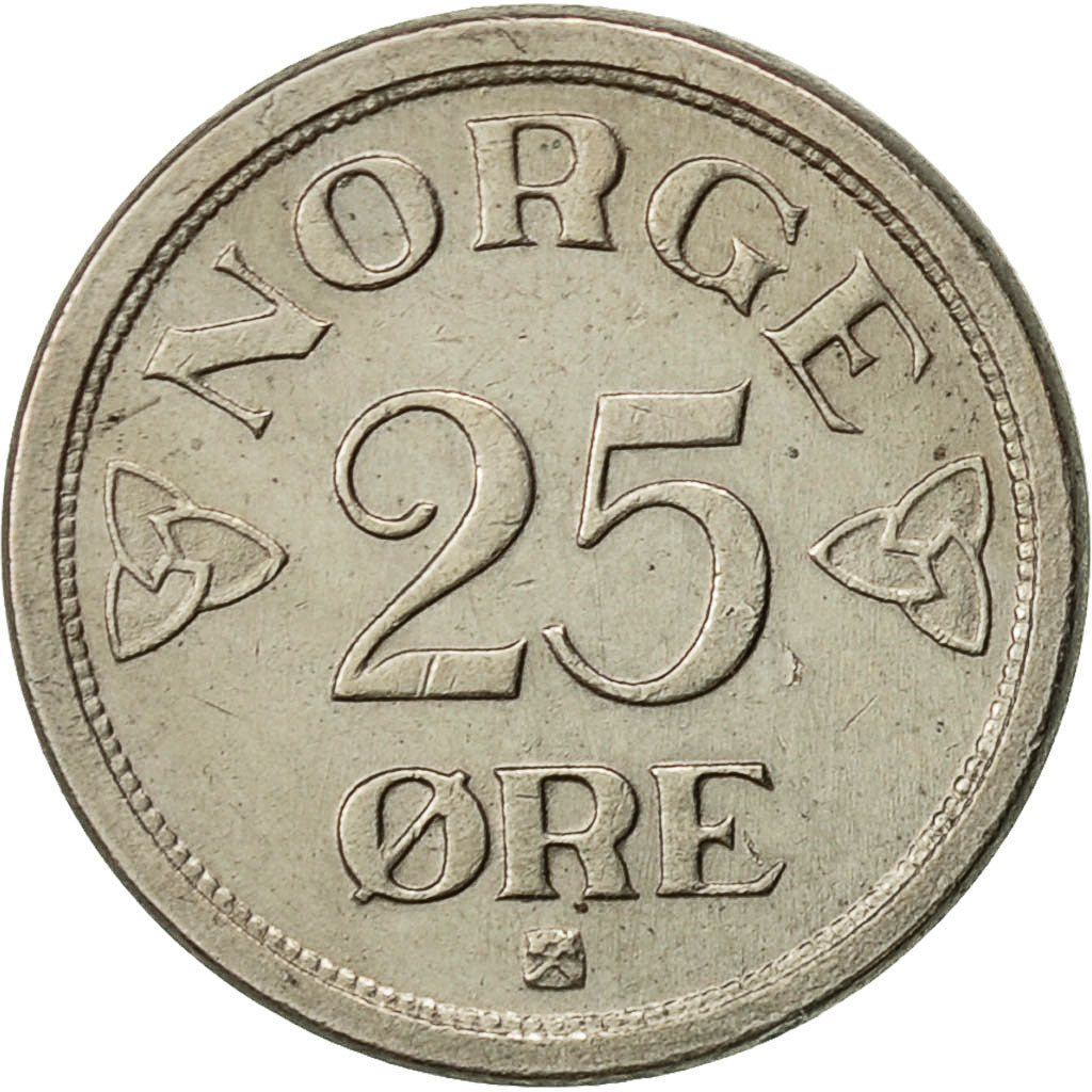 Norway, Haakon VII, 25 Öre, 1952, AU(50-53), Copper-nickel, KM:401