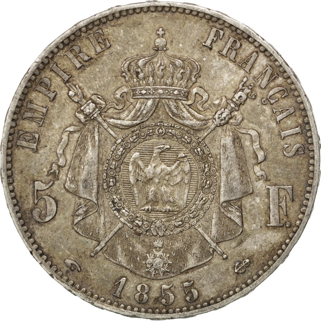 FRANCE, Napoléon III, 5 Francs, 1855, Paris, KM #782.1, AU(50-53), Silver, G...