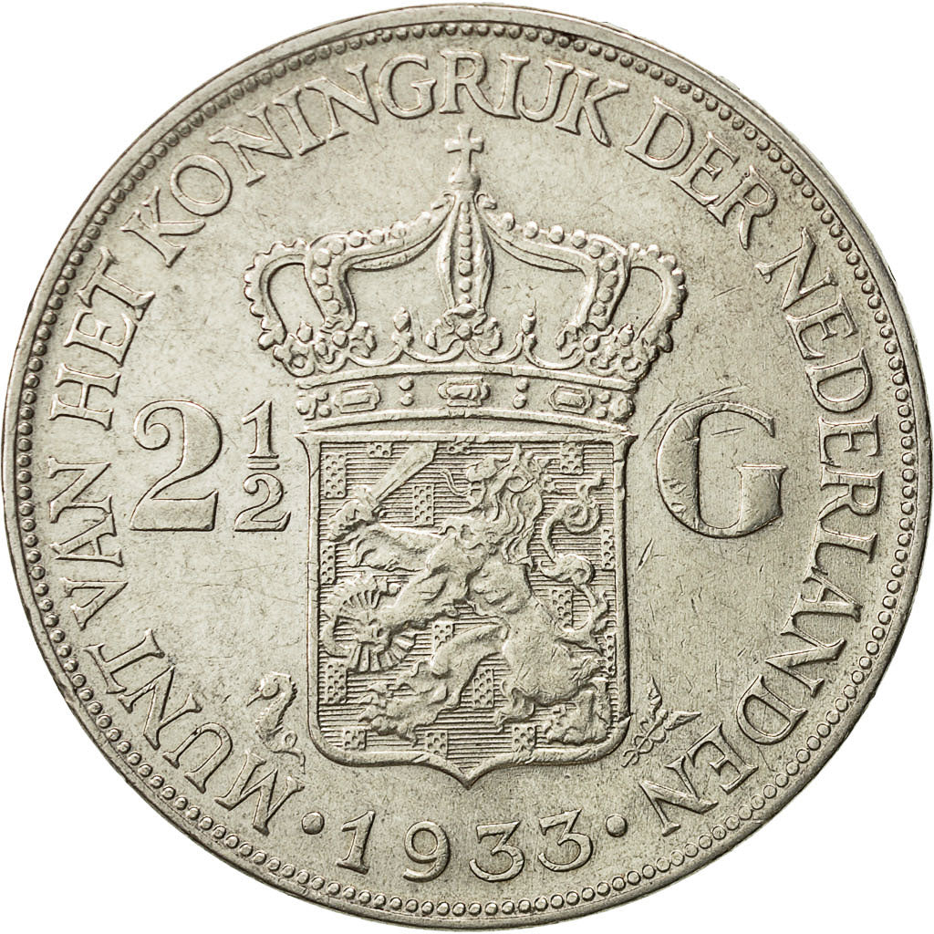 Paesi Bassi, Wilhelmina I, 2-1/2 Gulden, 1933, SPL, Argento, KM:165