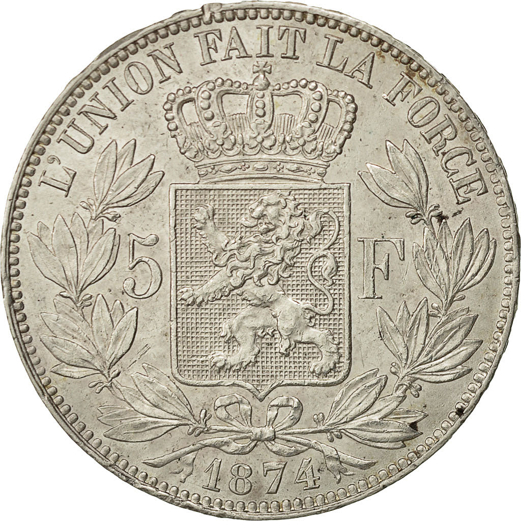 Belgio, Leopold II, 5 Francs, 5 Frank, 1874, SPL-, Argento, KM:24