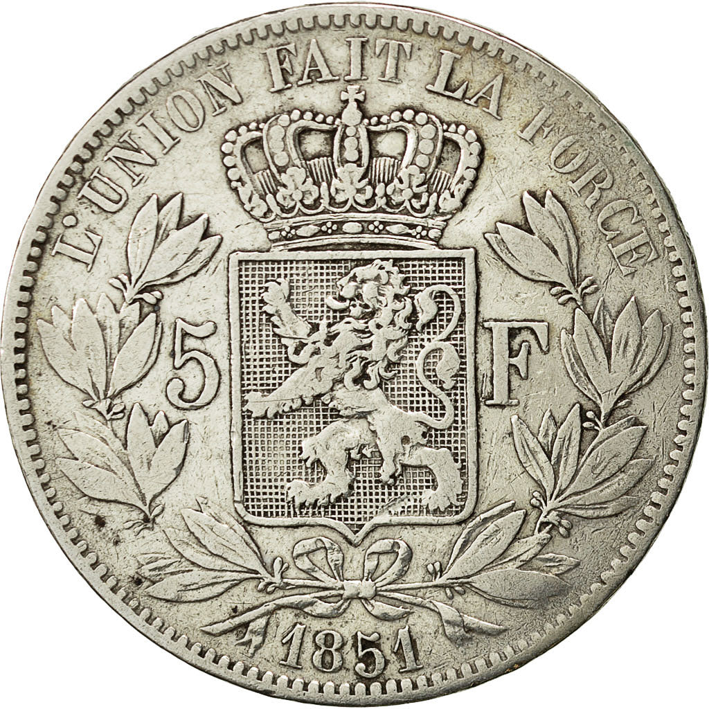 Belgio, Leopold I, 5 Francs, 5 Frank, 1851, MB+, Argento, KM:17
