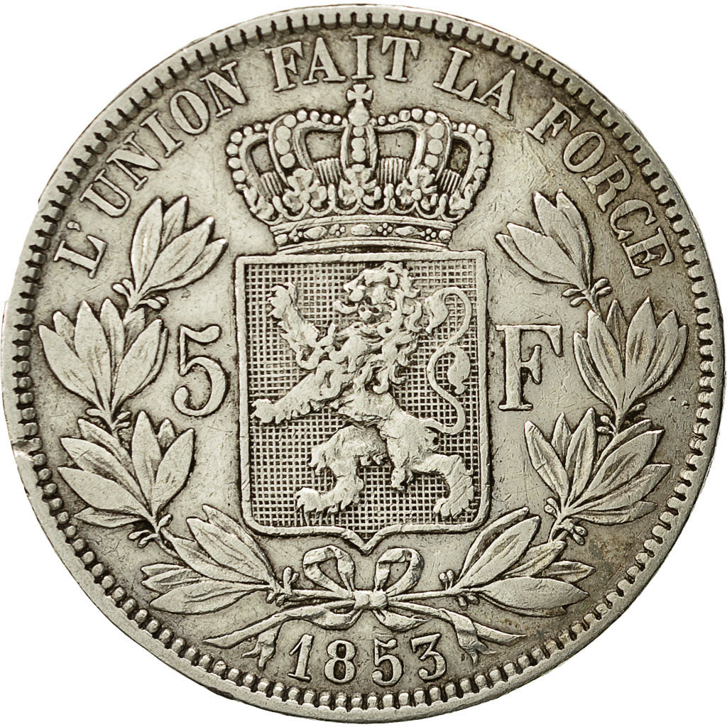 Belgio, Leopold I, 5 Francs, 5 Frank, 1853, MB+, Argento, KM:17
