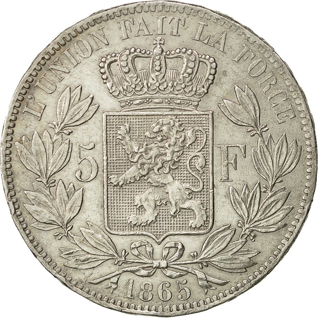 Belgio, Leopold I, 5 Francs, 5 Frank, 1865, BB, Argento, KM:17