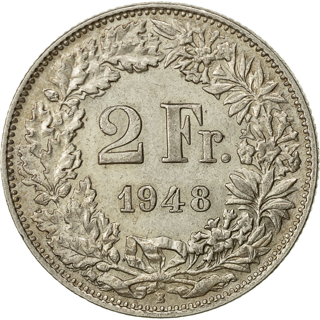 Switzerland, 2 Francs, 1948, Bern, AU(55-58), Silver, KM:21