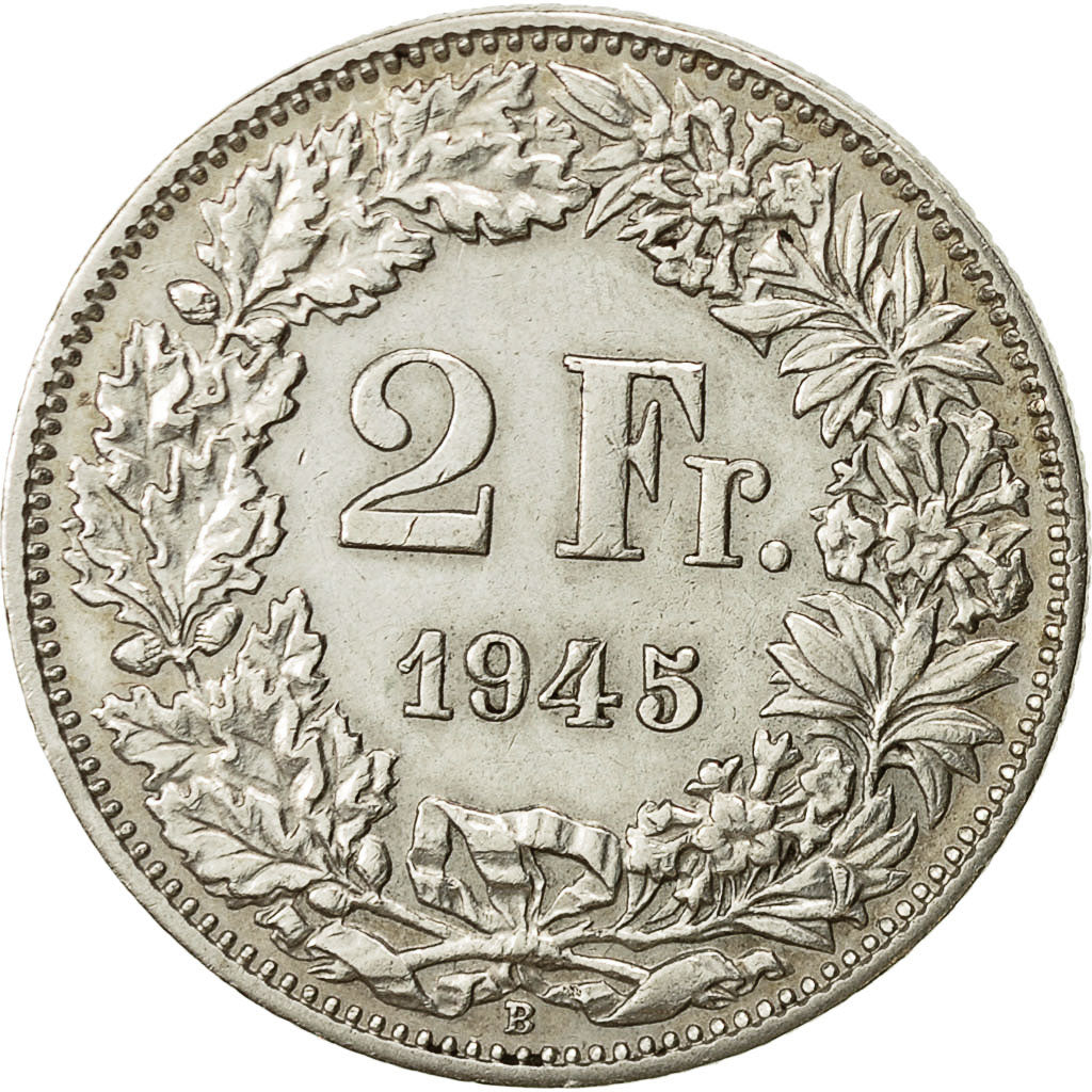 Suiza, 2 Francs, 1945, Bern, EBC, Plata, KM:21