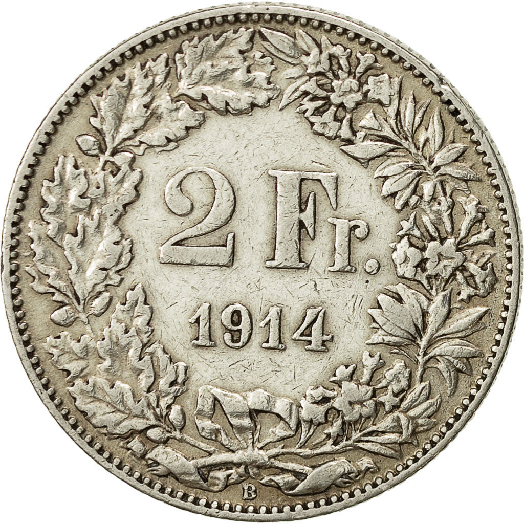 Suiza, 2 Francs, 1914, Bern, MBC, Plata, KM:21