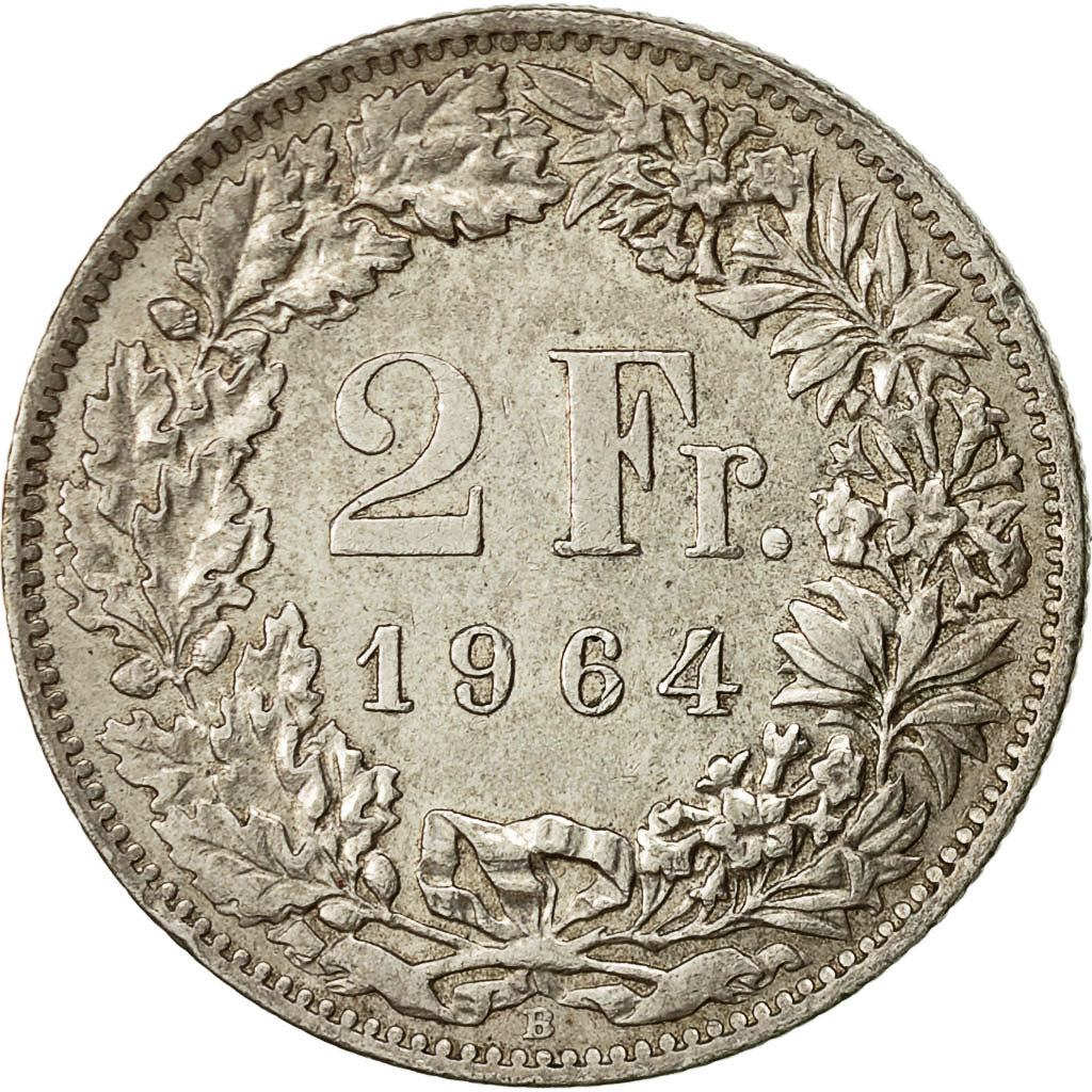 Suiza, 2 Francs, 1964, Bern, MBC, Plata, KM:21