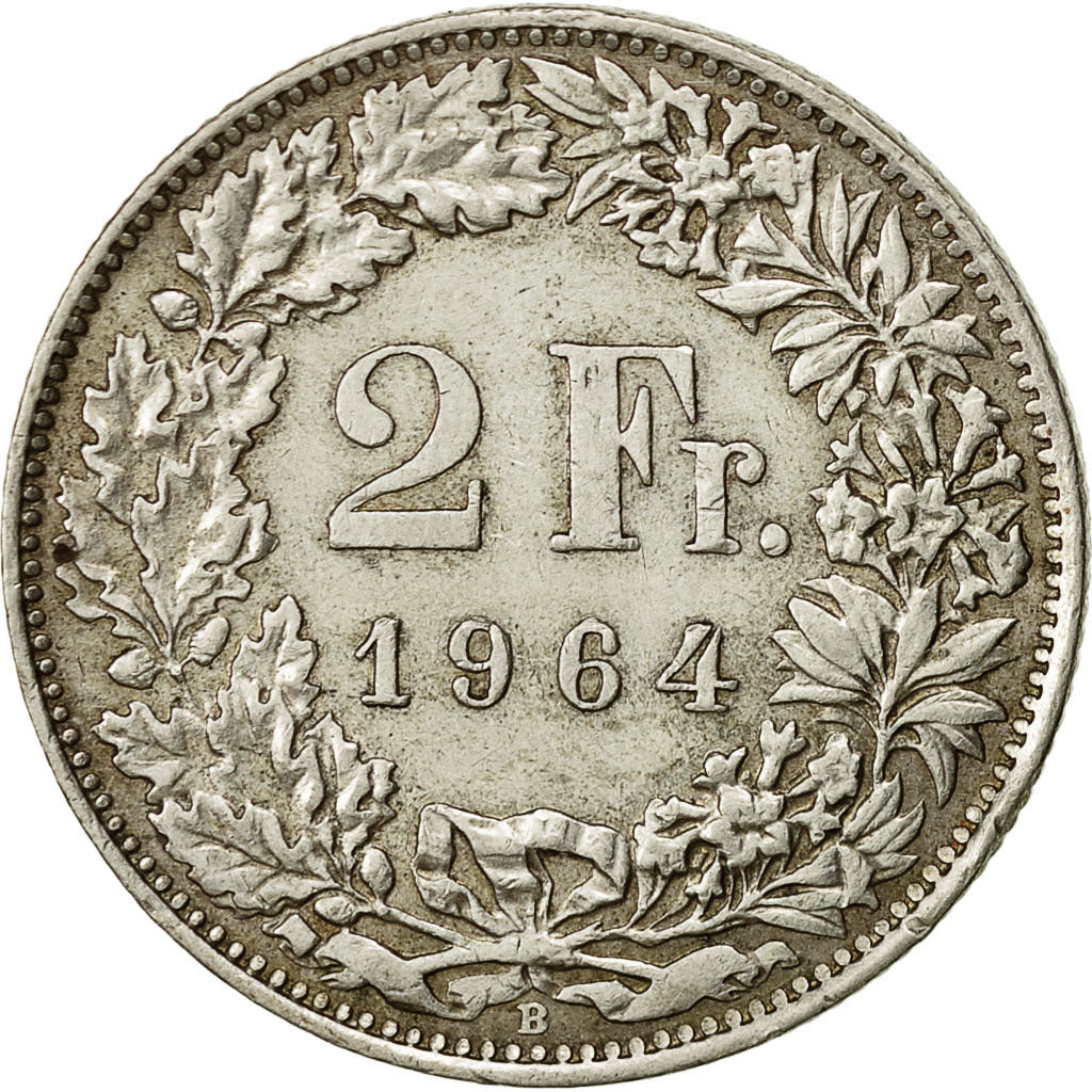 Svizzera, 2 Francs, 1964, Bern, BB, Argento, KM:21