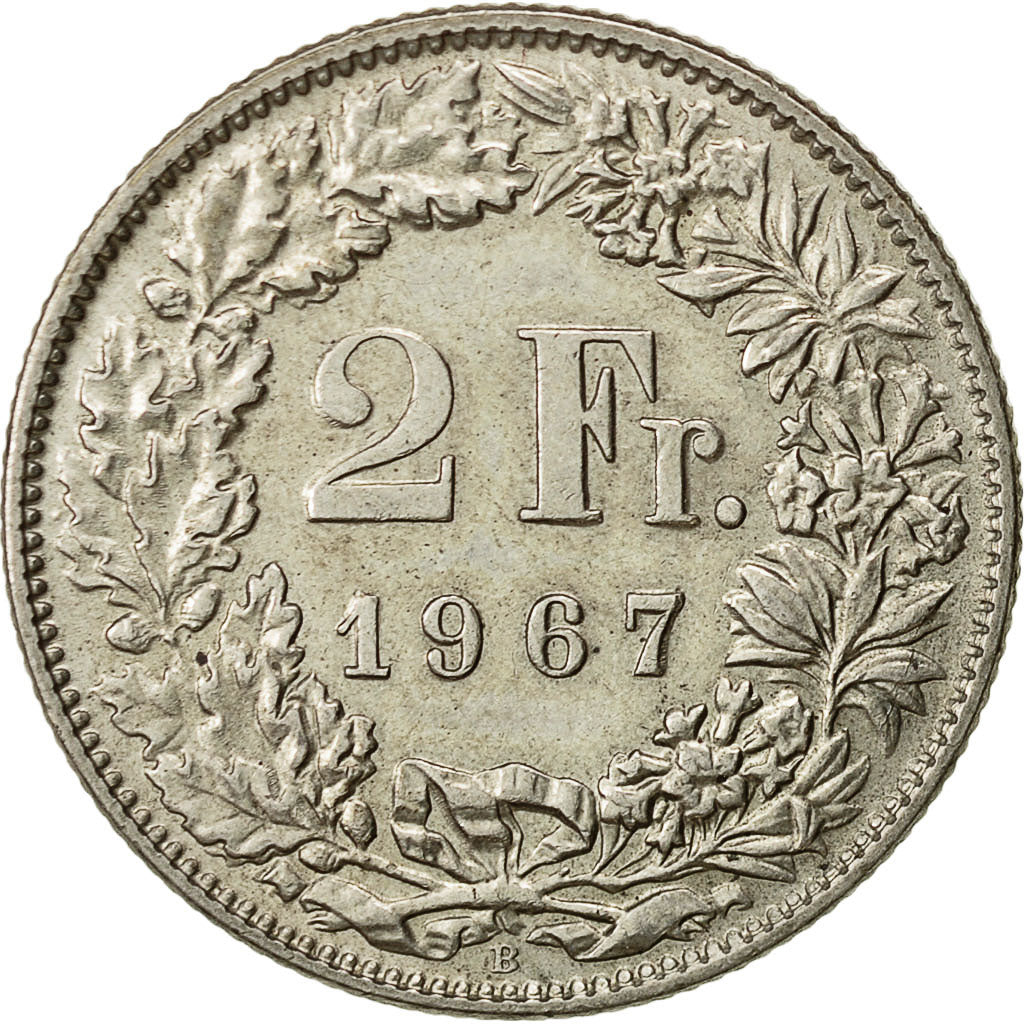 Suiza, 2 Francs, 1967, Bern, MBC, Plata, KM:21
