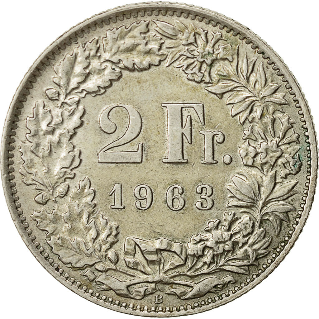 Svizzera, 2 Francs, 1963, Bern, BB, Argento, KM:21