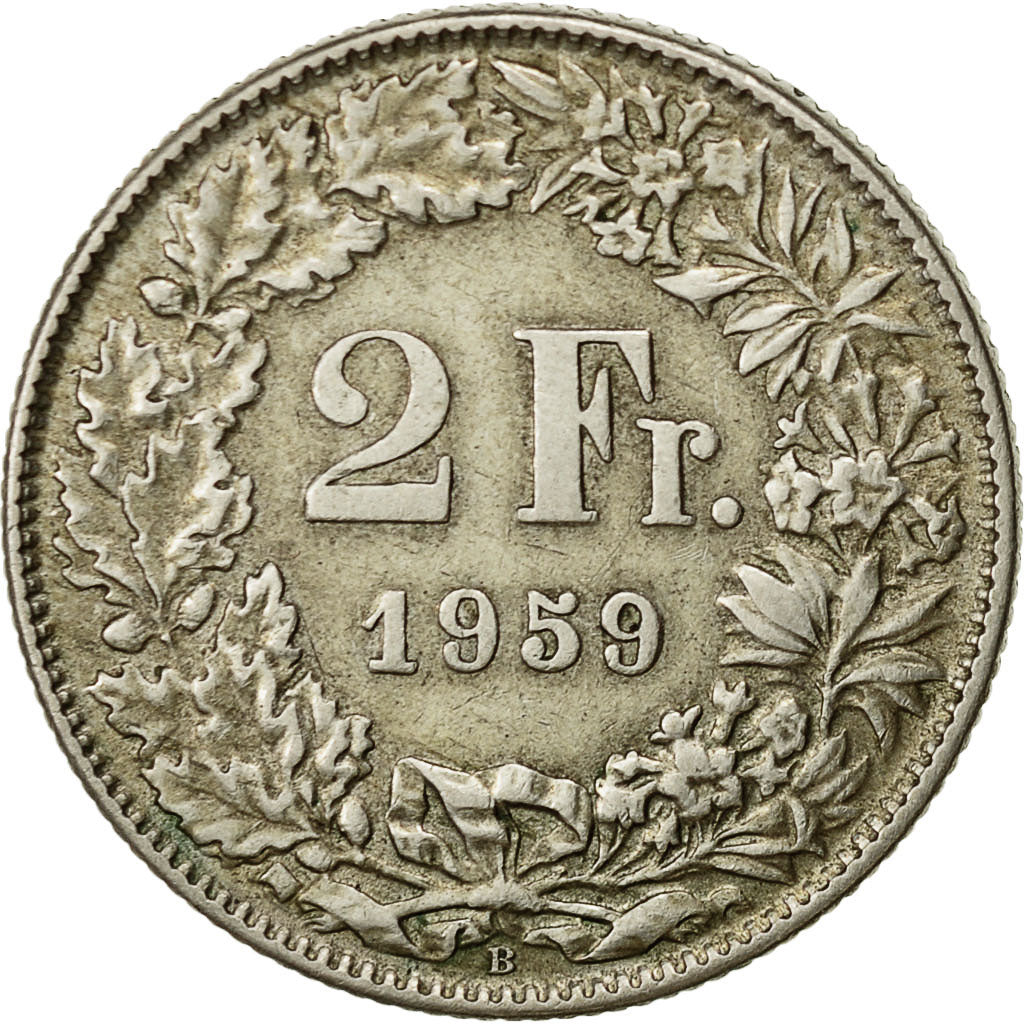 Suiza, 2 Francs, 1959, Bern, MBC, Plata, KM:21