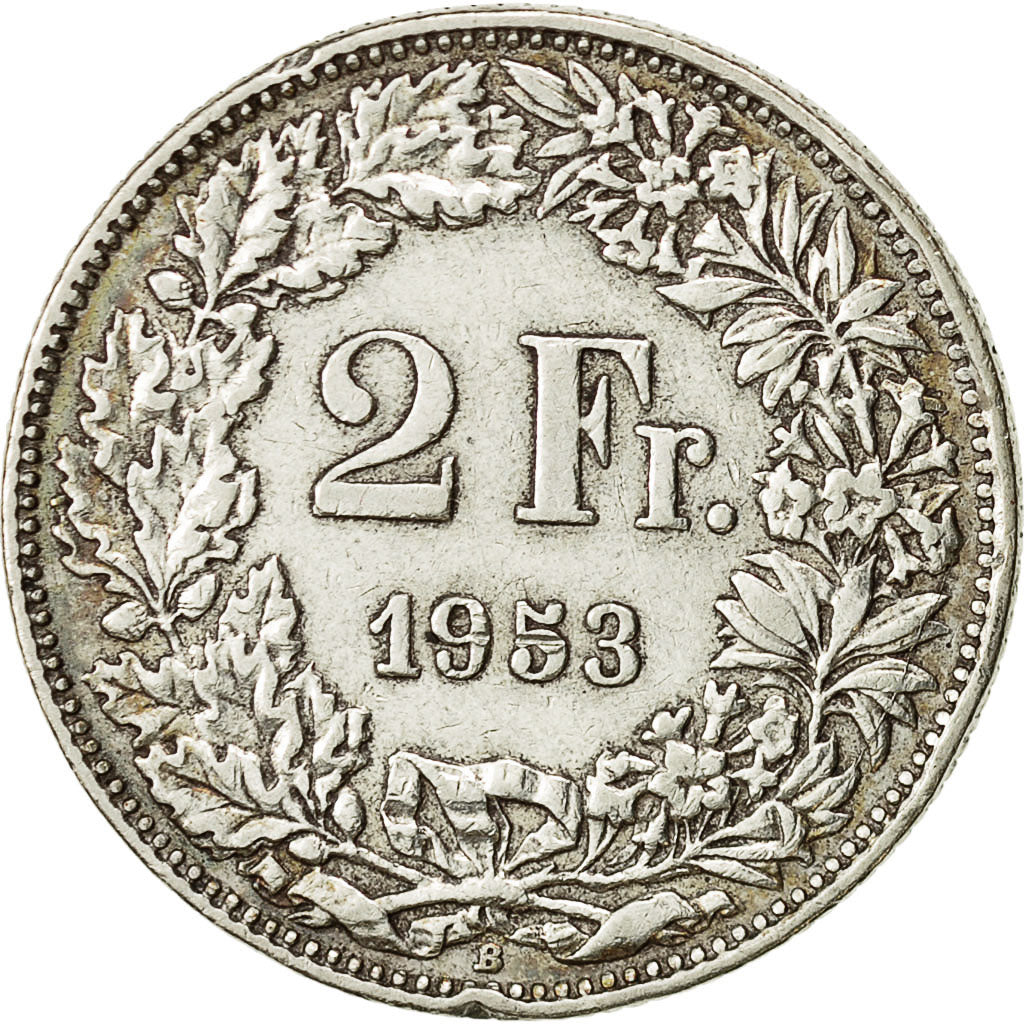 Suiza, 2 Francs, 1953, Bern, MBC, Plata, KM:21