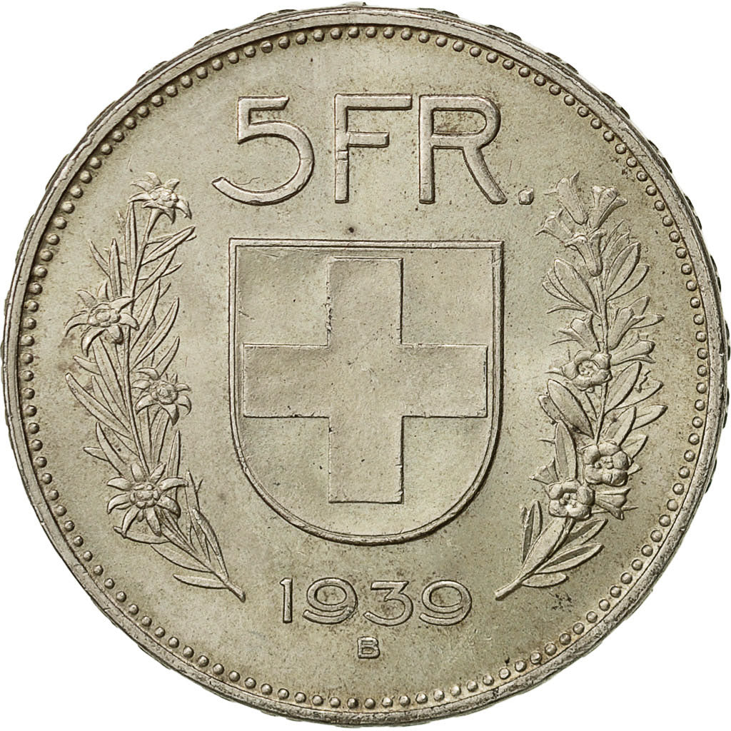 Schweiz, 5 Francs, 1939, Bern, VZ, Silber, KM:40
