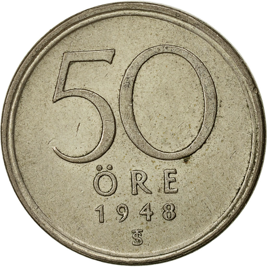 Suecia, Gustaf V, 50 Öre, 1948, MBC+, Plata, KM:817