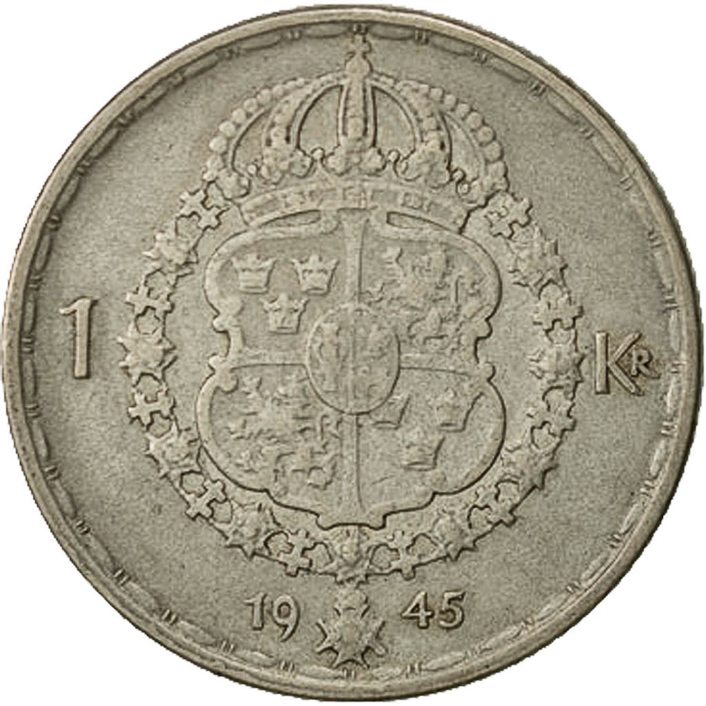 Suecia, Gustaf V, Krona, 1945, MBC, Plata, KM:814