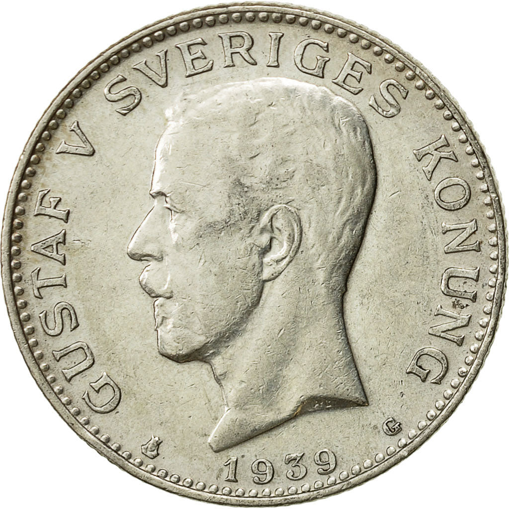 Svezia, Gustaf V, Krona, 1939, Bern, BB, Argento, KM:786.2