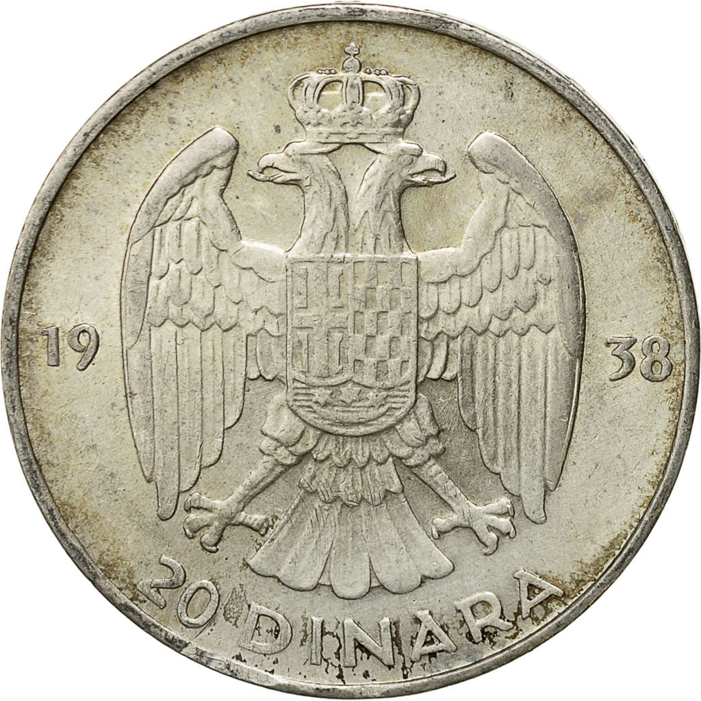 Iugoslavia, Petar II, 20 Dinara, 1938, BB+, Argento, KM:23