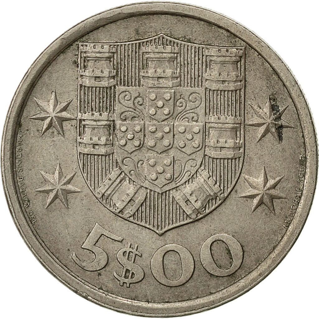 Portugal, 5 Escudos, 1976, AU(50-53), Copper-nickel, KM:591