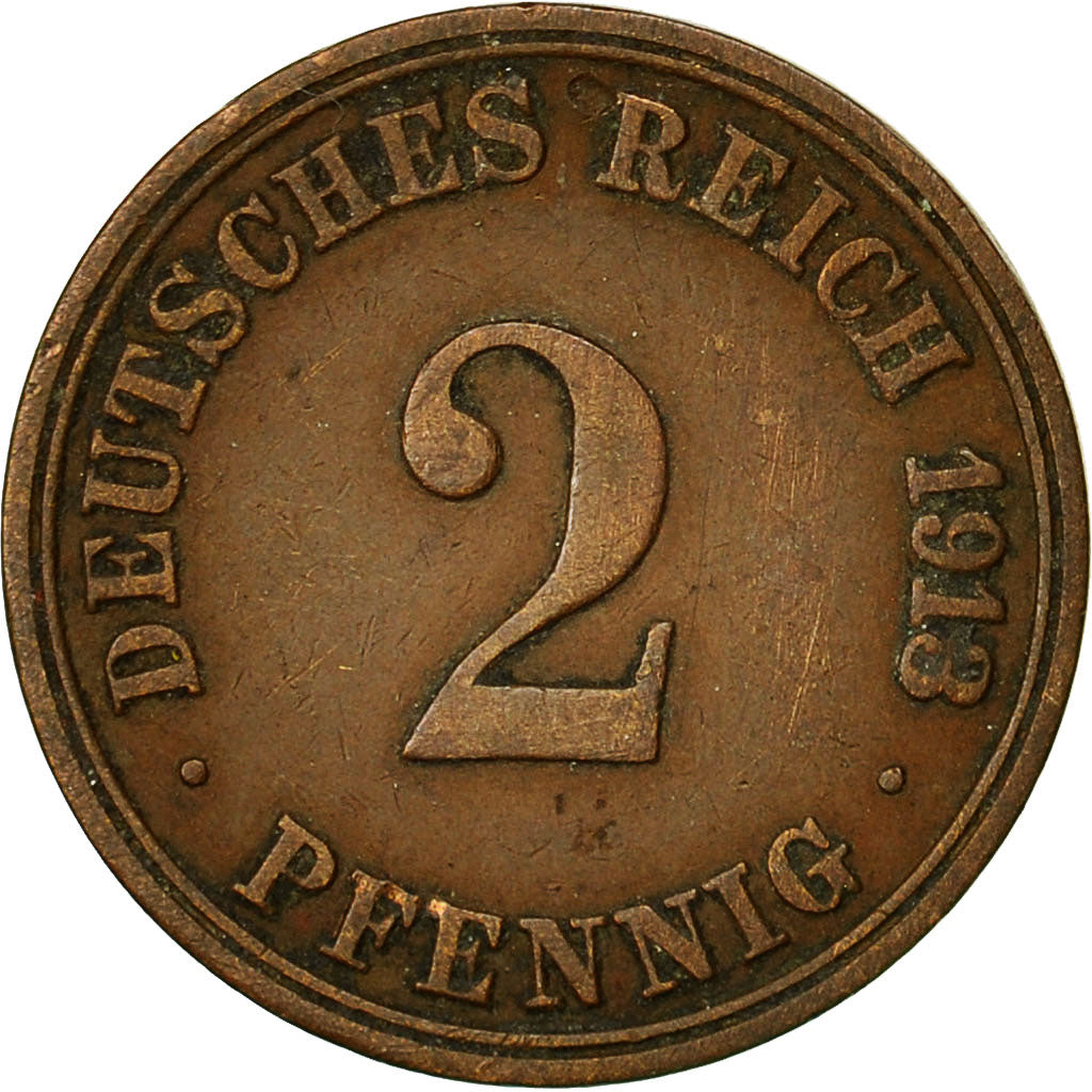 GERMANY - EMPIRE, Wilhelm II, 2 Pfennig, 1913, Berlin, VF(30-35), Copper, KM:16
