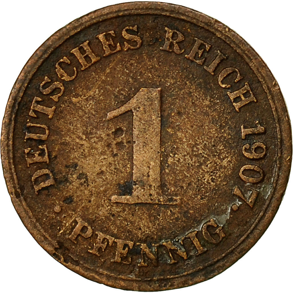 GERMANY - EMPIRE, Wilhelm II, Pfennig, 1907, Karlsruhe, VF(20-25), Copper, KM:10