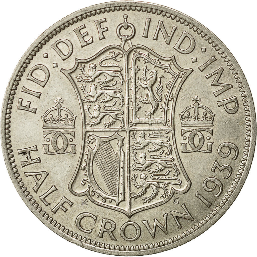 Gran Bretaña, George VI, 1/2 Crown, 1939, MBC, Plata, KM:856