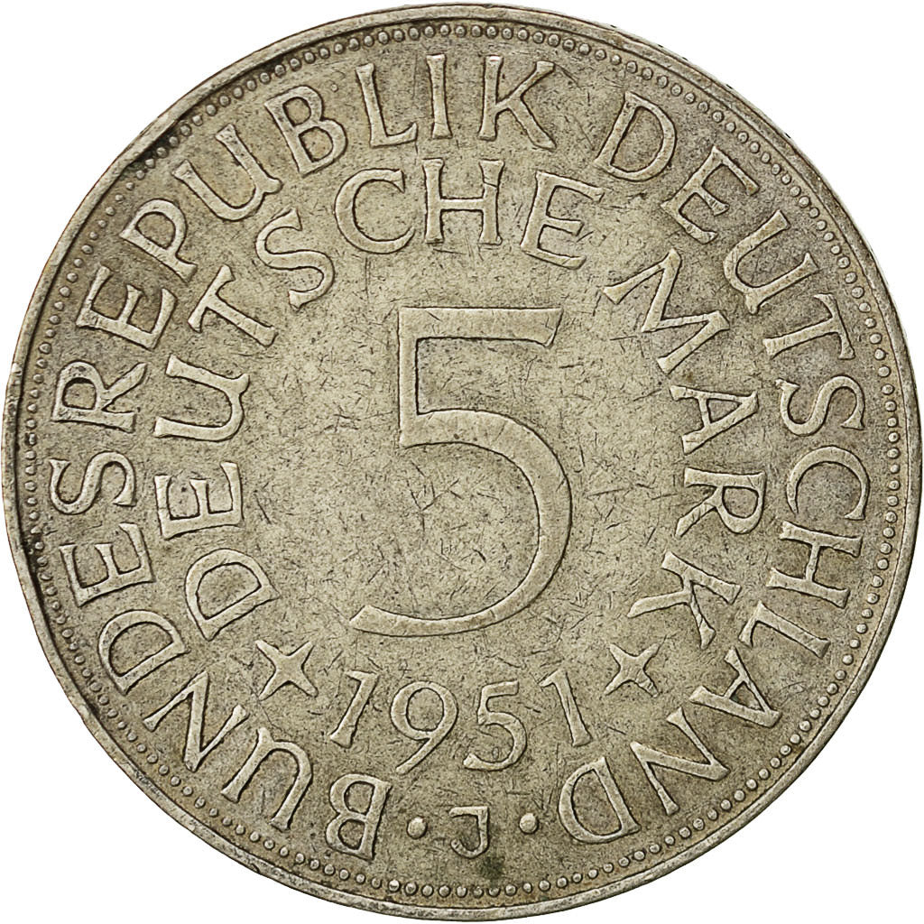 GERMANY - FEDERAL REPUBLIC, 5 Mark, 1951, Hambourg, EF(40-45), Silver, KM:112.1