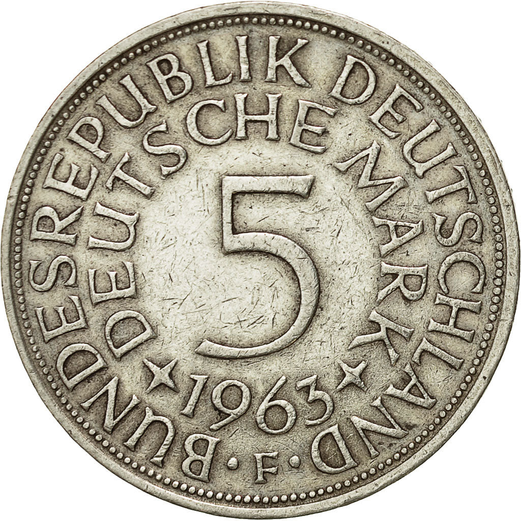 GERMANY - FEDERAL REPUBLIC, 5 Mark, 1963, Stuttgart, EF(40-45), Silver, KM:112.1