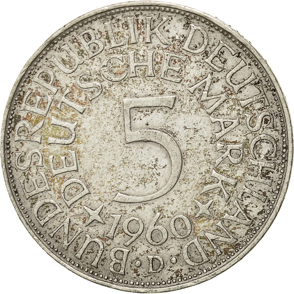 GERMANIA - REPUBBLICA FEDERALE, 5 Mark, 1960, Munich, BB, Argento, KM:112.1