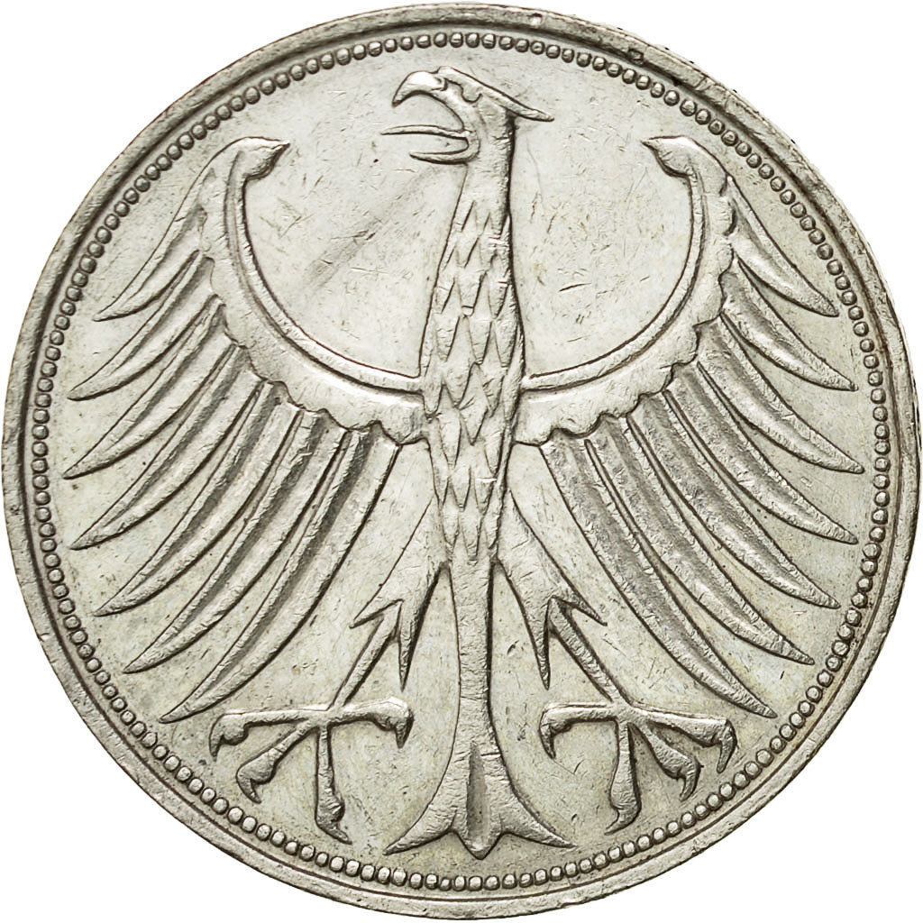 GERMANIA - REPUBBLICA FEDERALE, 5 Mark, 1964, Stuttgart, BB, Argento, KM:112.1