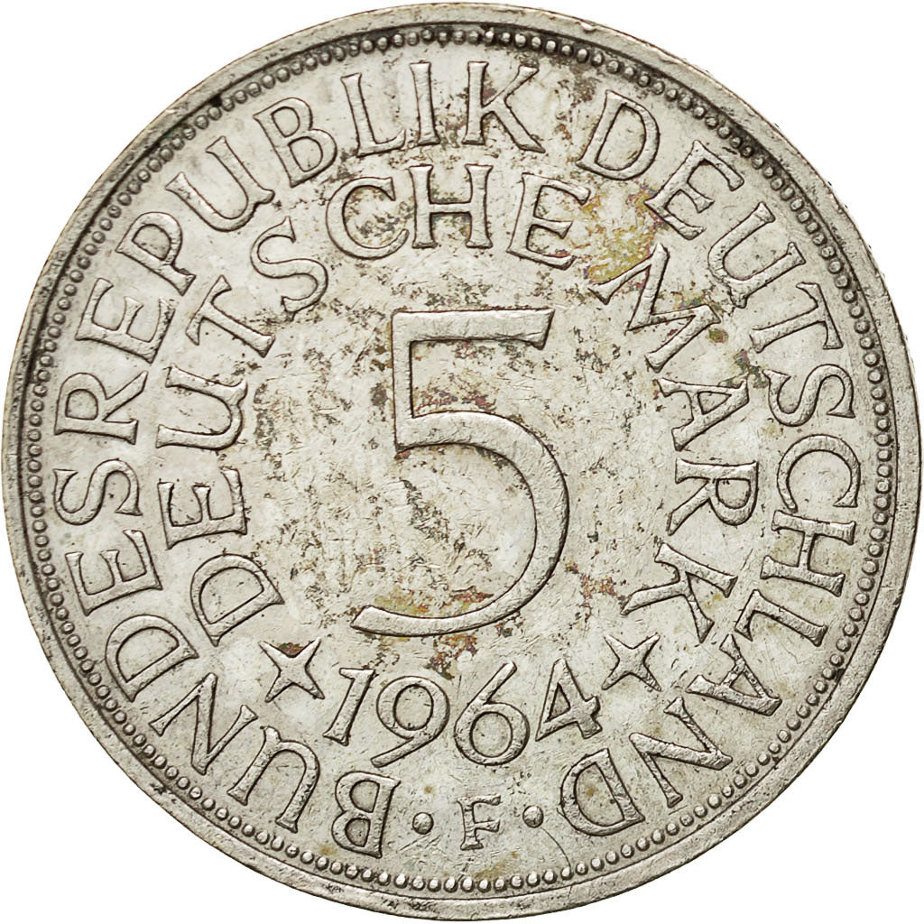 GERMANIA - REPUBBLICA FEDERALE, 5 Mark, 1964, Stuttgart, BB, Argento, KM:112.1