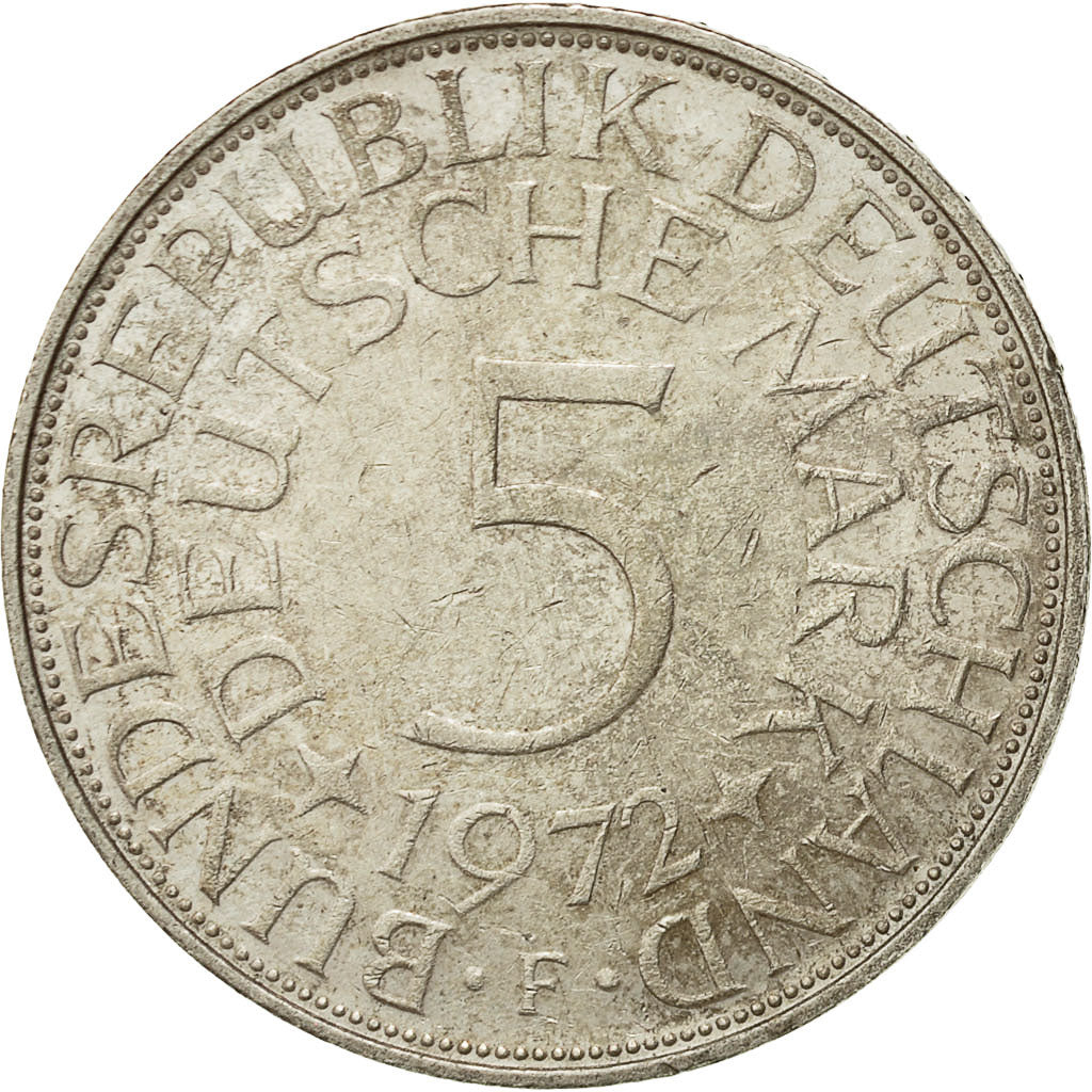 GERMANIA - REPUBBLICA FEDERALE, 5 Mark, 1972, Stuttgart, BB, Argento, KM:112.1