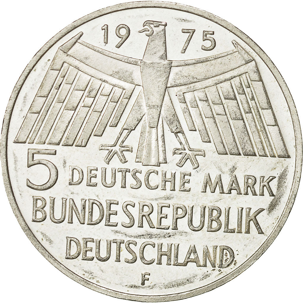 GERMANIA - REPUBBLICA FEDERALE, 5 Mark, 1975, Stuttgart, Germany, BB+, Argento