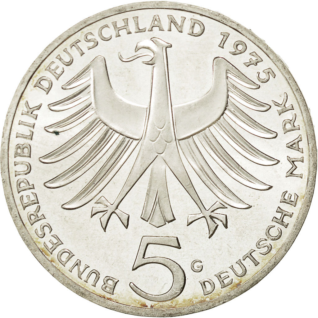 République fédérale allemande, 5 Mark, 1975, Karlsruhe, Germany, TTB, Argent