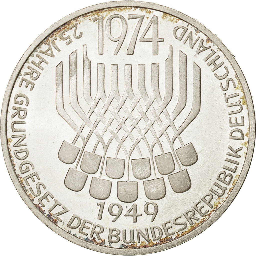 GERMANY - FEDERAL REPUBLIC, 5 Mark, 1974, Stuttgart, Germany, AU(50-53), Silver