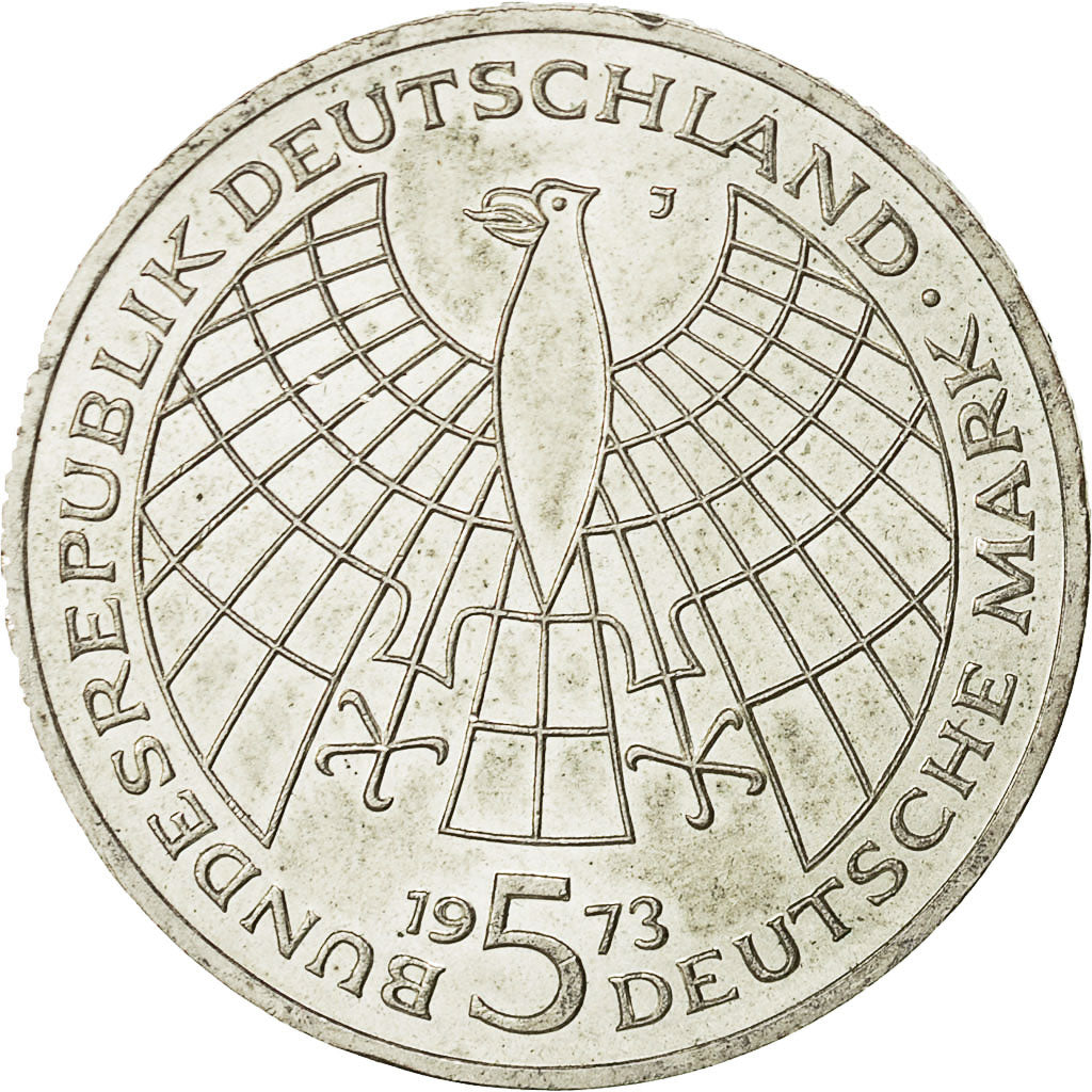 GERMANY - FEDERAL REPUBLIC, 5 Mark, 1973, Hamburg, Germany, AU(50-53), Silver