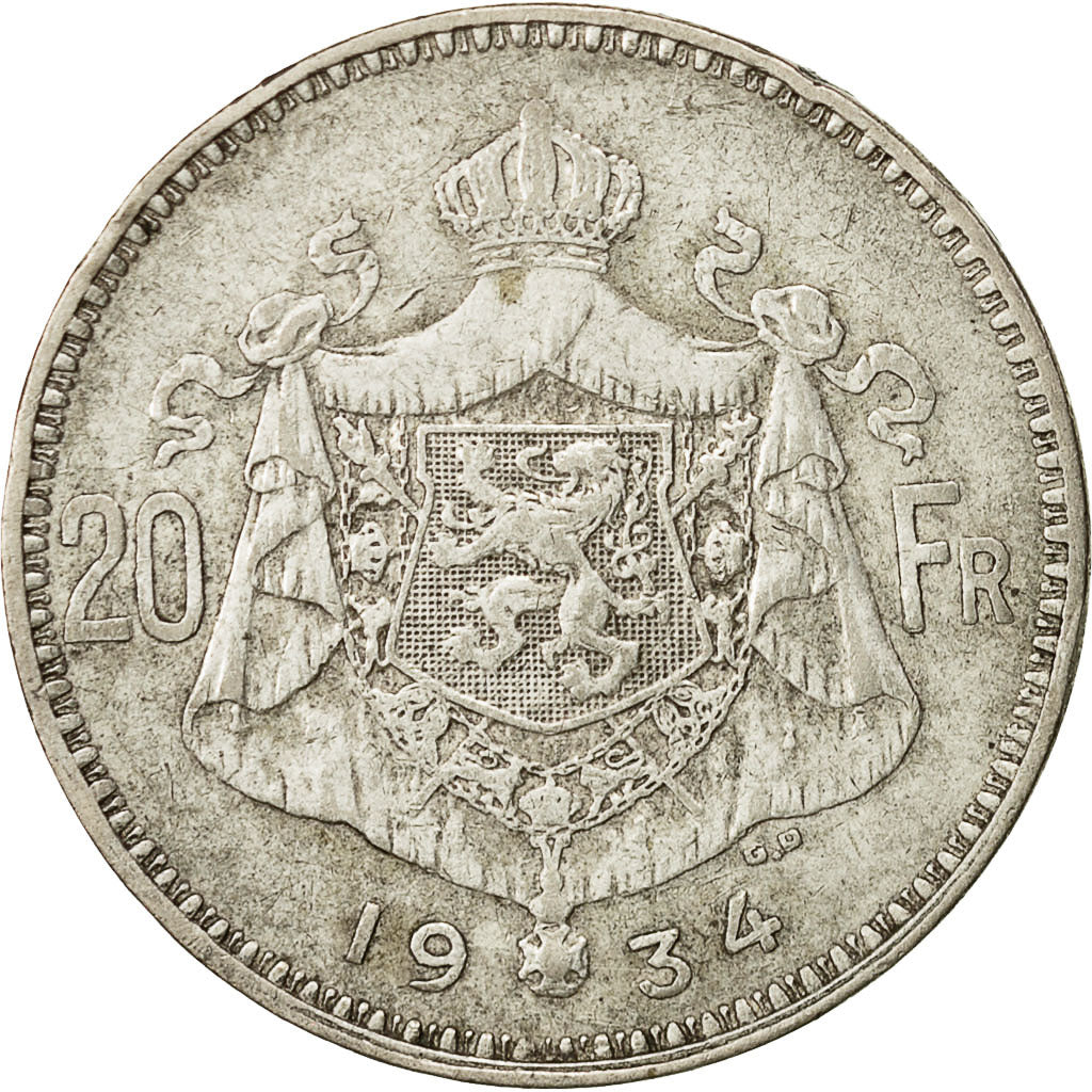 Belgio, 20 Francs, 20 Frank, 1934, MB, Argento, KM:103.1