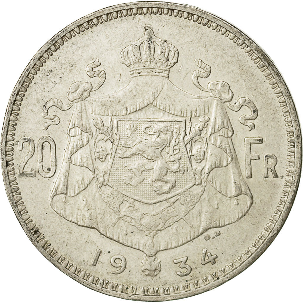 Belgium, 20 Francs, 20 Frank, 1934, VF(20-25), Silver, KM:104.1