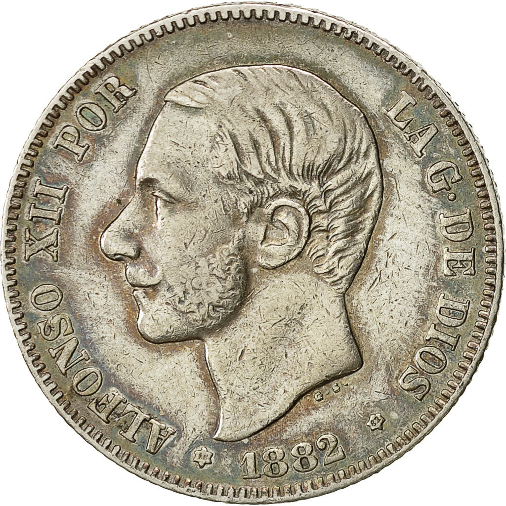 Spagna, Alfonso XII, 2 Pesetas, 1882, Madrid, BB, Argento, KM:678.2